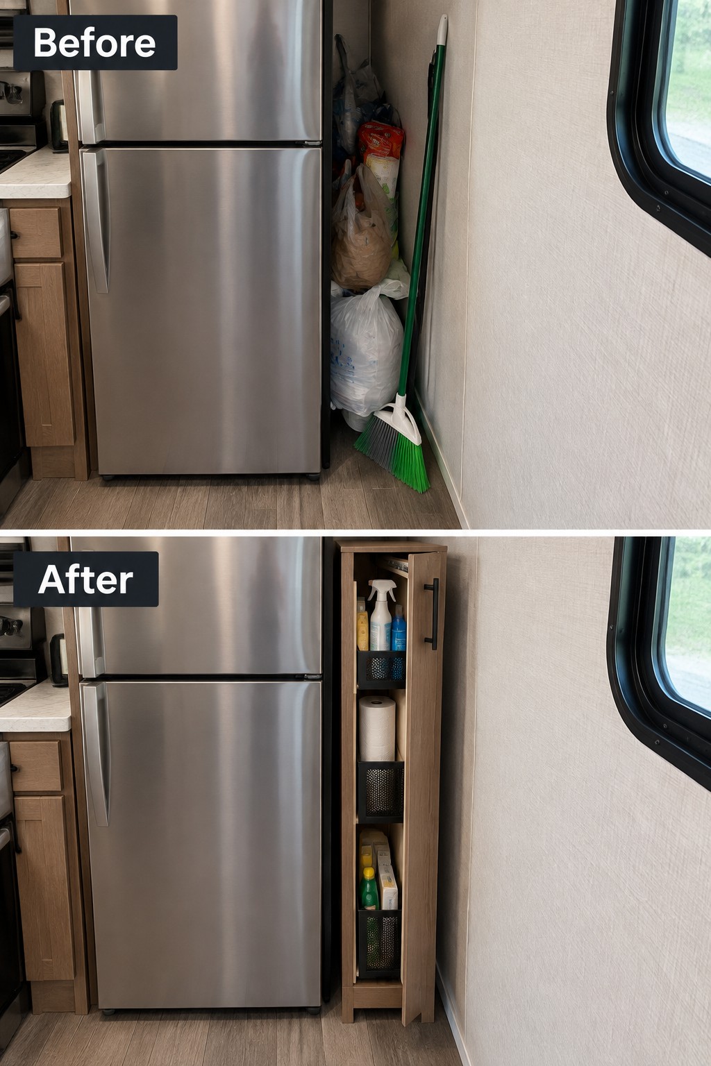 Before-and-after makeover image of a cluttered gap beside a refrigerator changed into a slim wooden cabinet with storage shelves.
