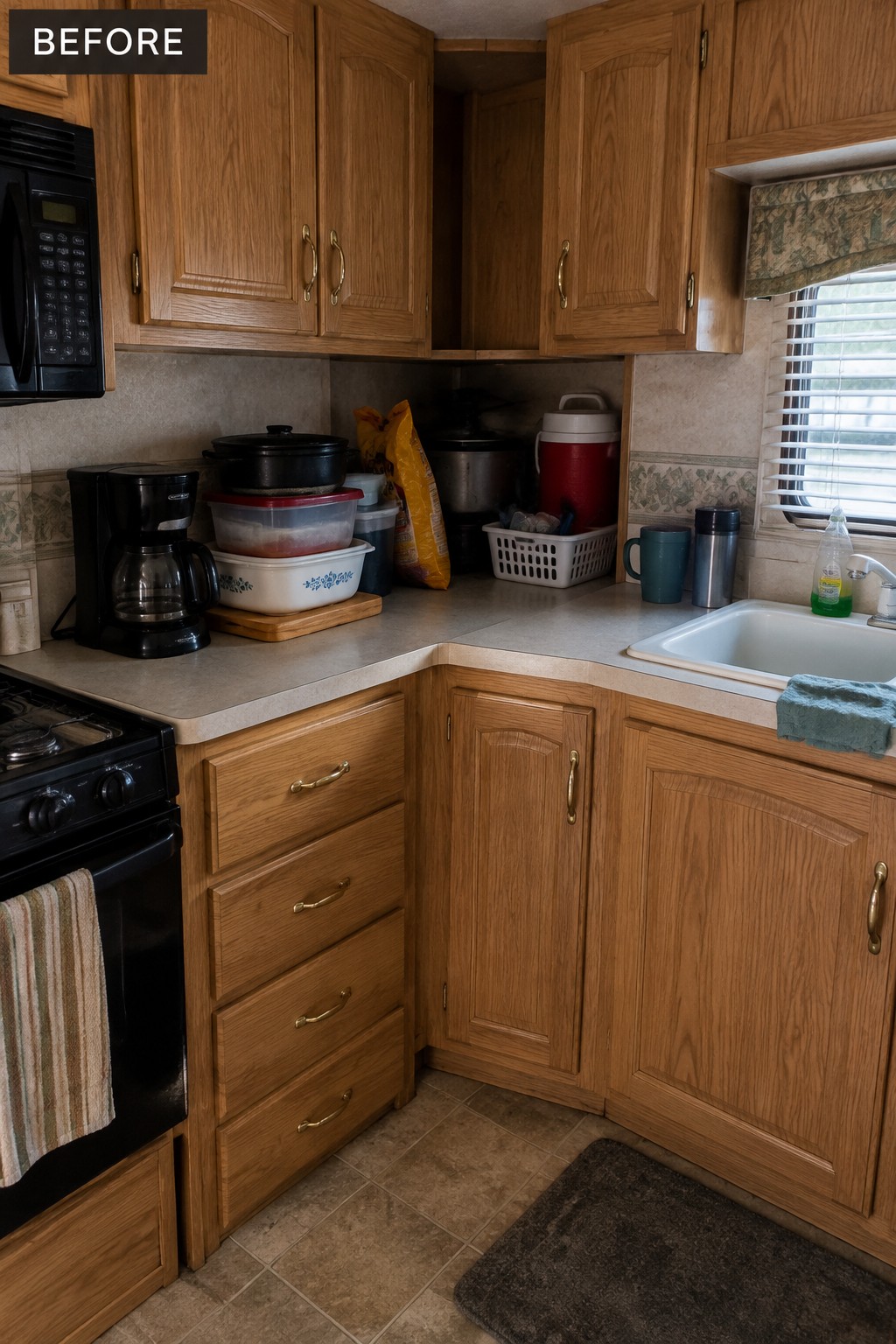 Before-and-after makeover image of a compact kitchen with wood cabinets and crowded countertops changed to a more organized kitchen with clearer work surfaces.