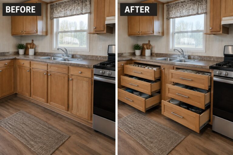 Before-and-after makeover image of a kitchen base cabinet changed from open shelves behind doors to three full-extension drawers.