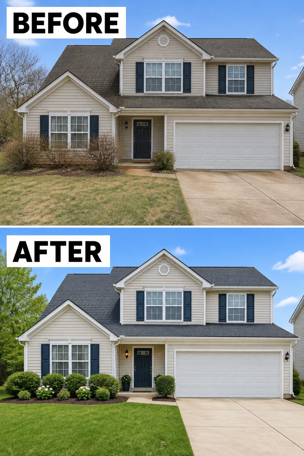 Before-and-after makeover image of a house exterior with overgrown shrubs replaced by trimmed lawn and defined planting beds.