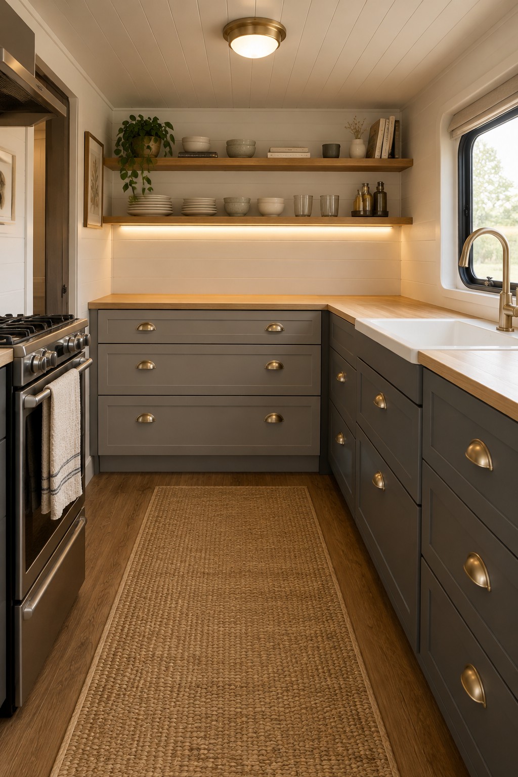 Before-and-after makeover image of a trailer kitchen updated with open wooden shelves above dark lower cabinets.