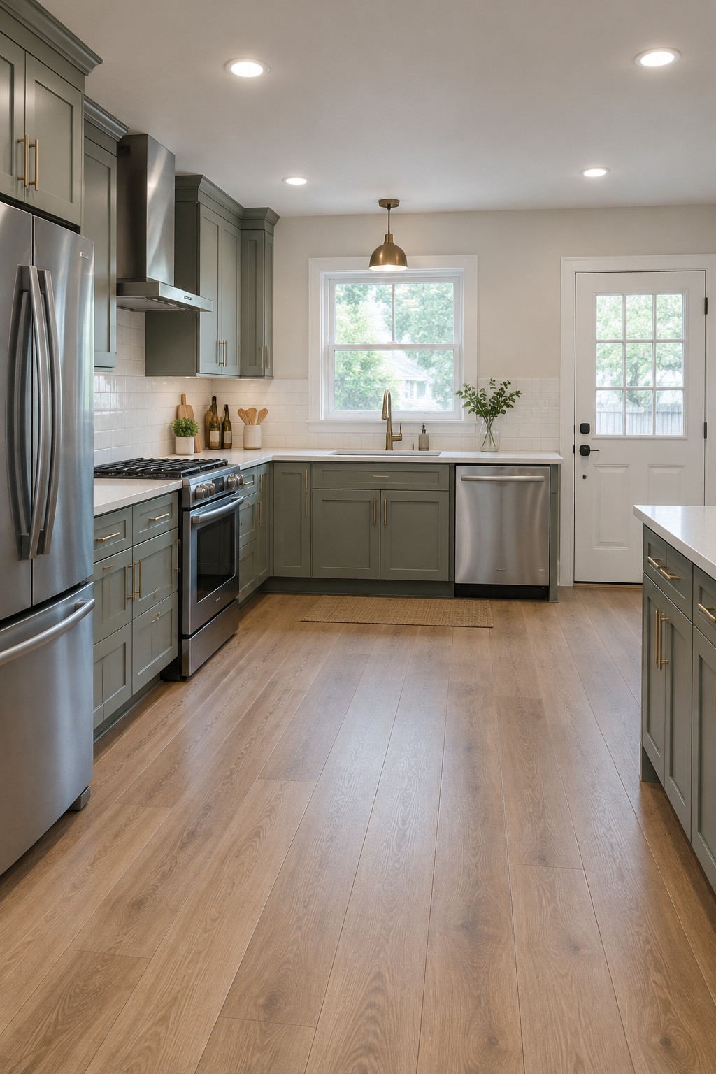 Before-and-after makeover image of a kitchen updated with full-height sage cabinets, lower storage, and a clear central walkway.
