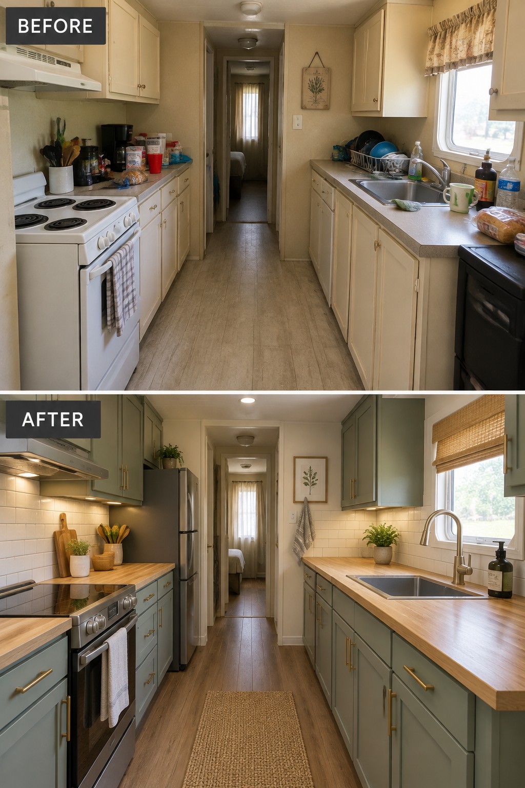 Before-and-after makeover image of a narrow trailer kitchen updated with green cabinets, wood countertops, and a more streamlined layout.