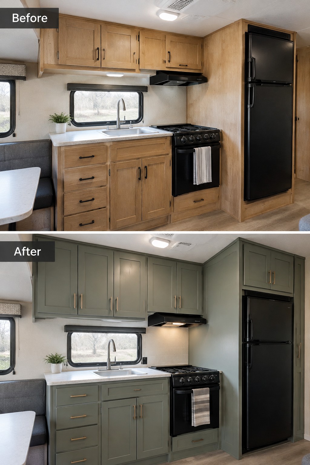 Before-and-after makeover image of a trailer kitchen with natural wood cabinets repainted muted green and updated hardware.
