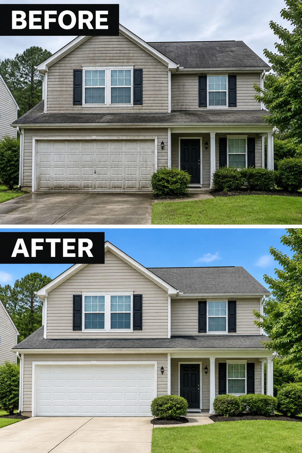 Before-and-after image of a two-story house with weathered gray siding and a stained garage door updated with light beige siding and a white garage door.