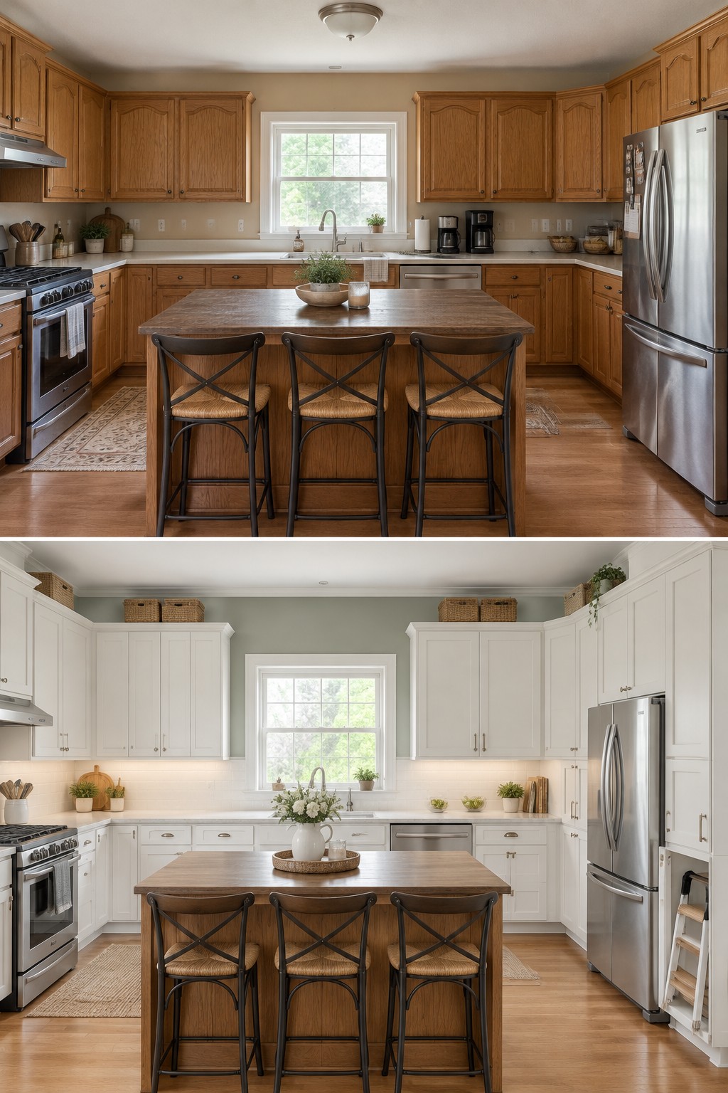 Before-and-after image of a kitchen with dark wood cabinets updated with white cabinetry and a brighter finish.