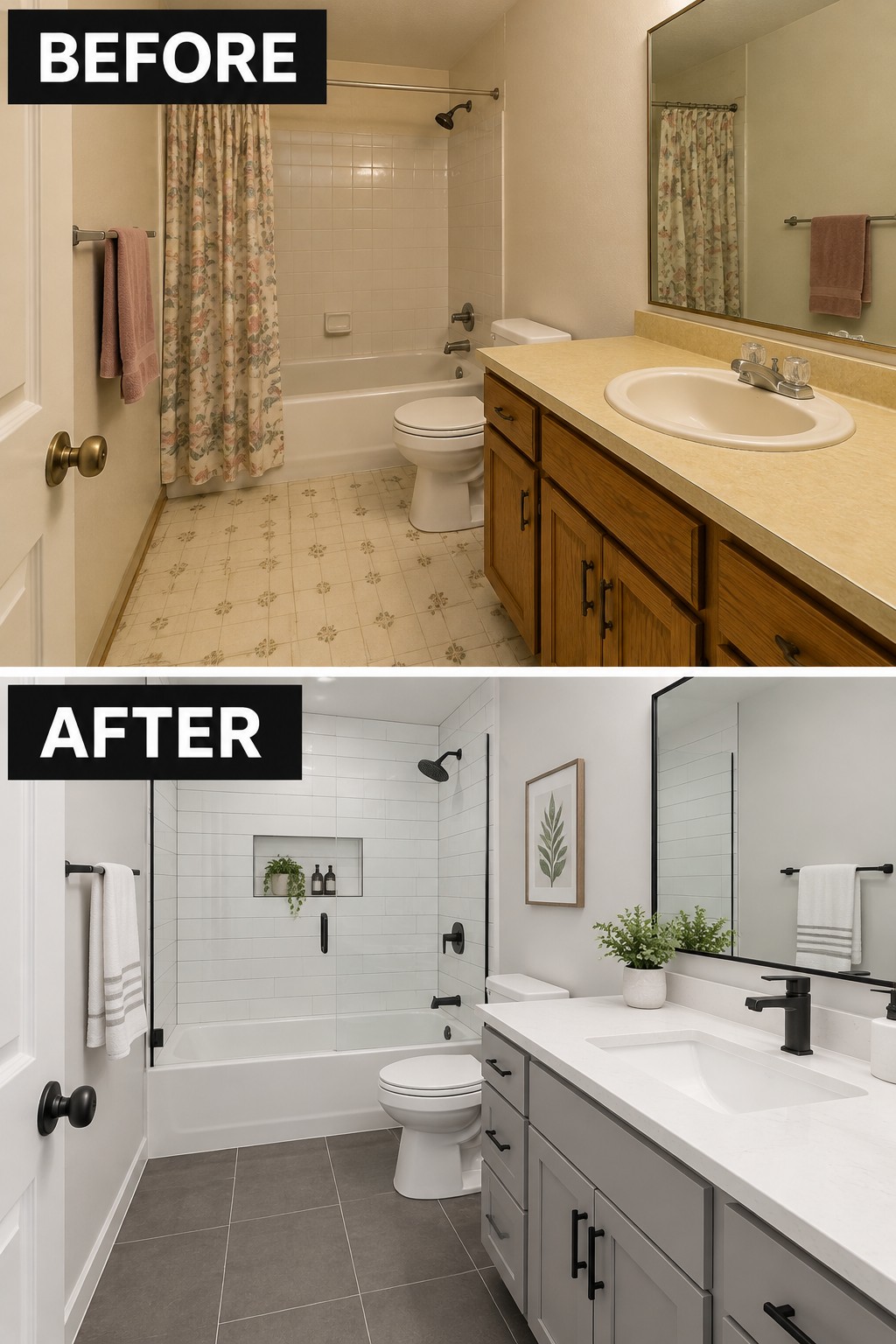 Before-and-after image of a bathroom updated with a white tiled tub surround, dark floor tiles, gray vanity, and modern black fixtures.