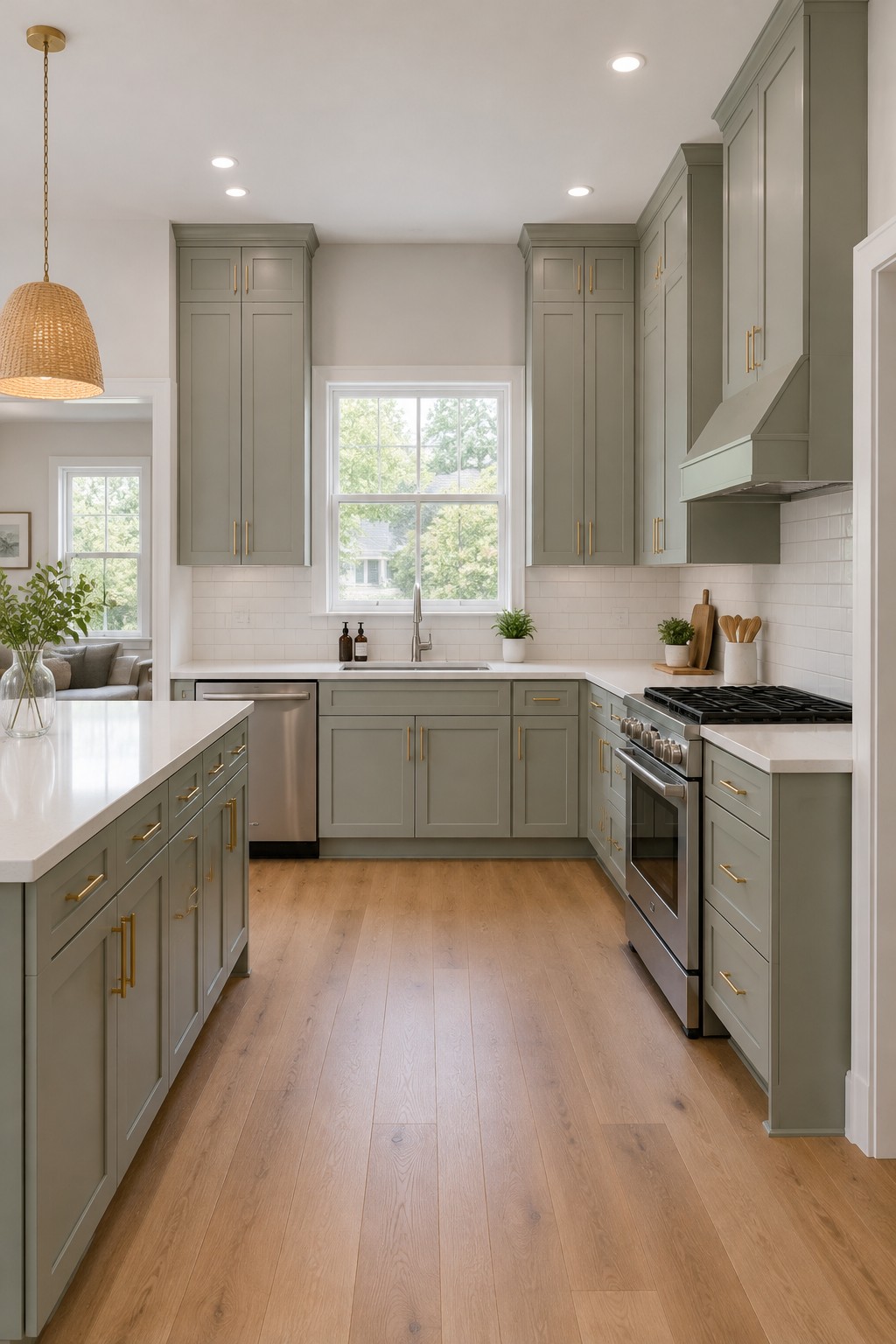 Before-and-after makeover image of a kitchen updated with tall sage-green cabinets, white countertops, and stainless steel appliances.