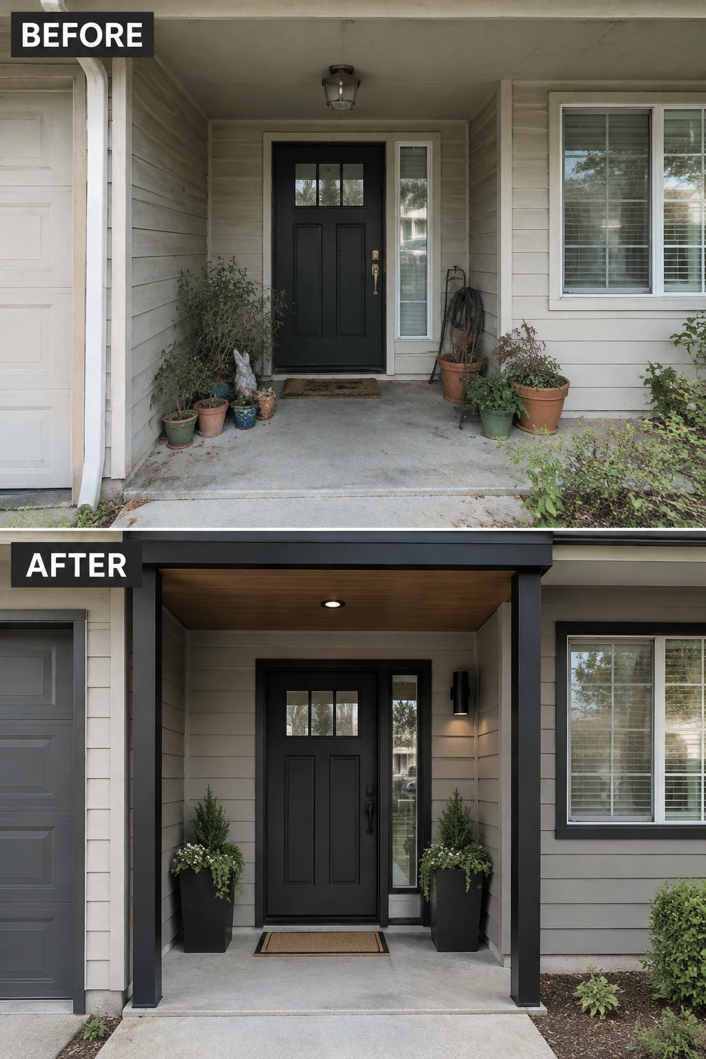 Before-and-after makeover image of a ranch house entry updated with a covered porch, dark posts and trim, and a wood-look ceiling.