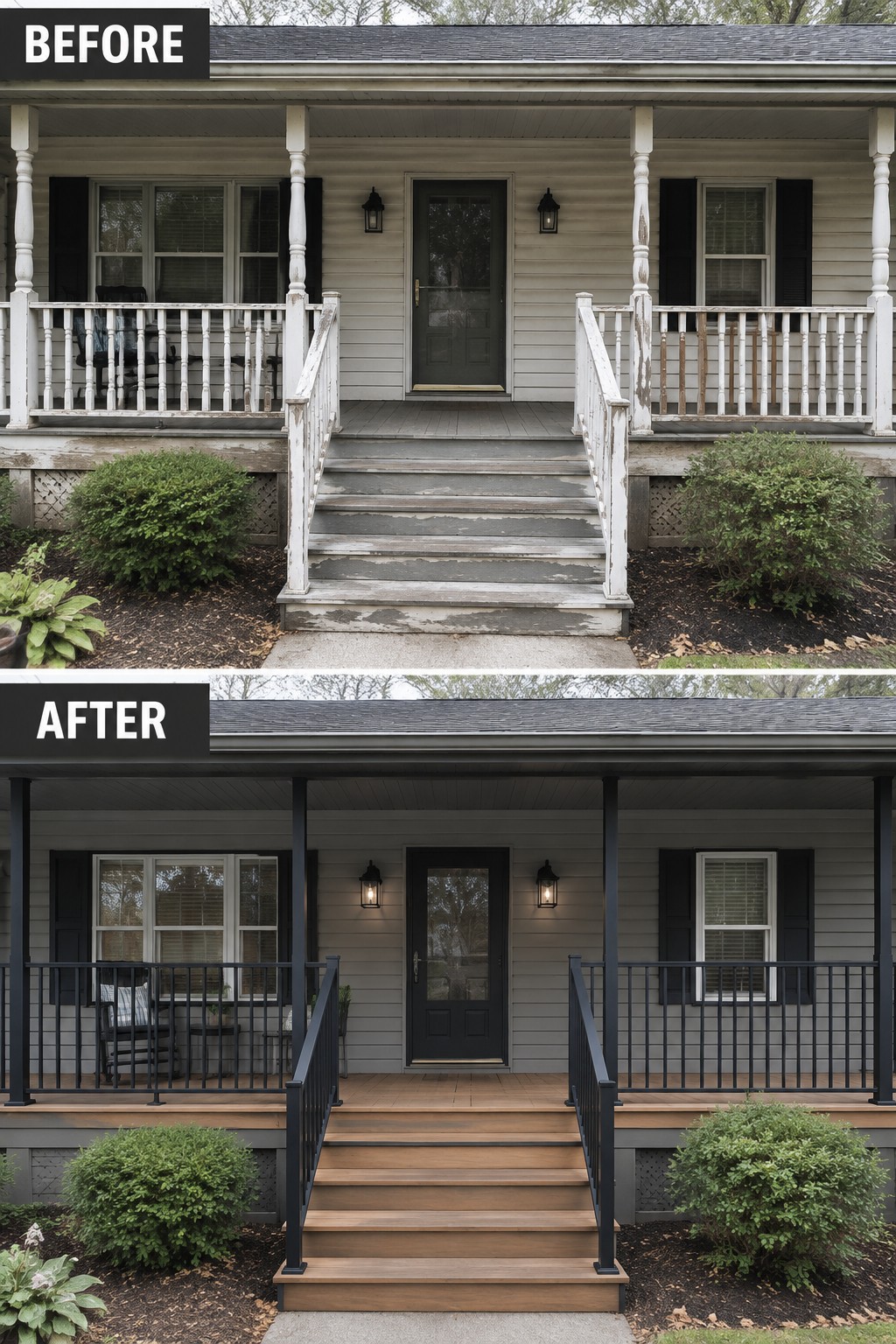 Before-and-after makeover image of a ranch house porch with worn white railings and steps replaced by dark railings and wood-toned decking.
