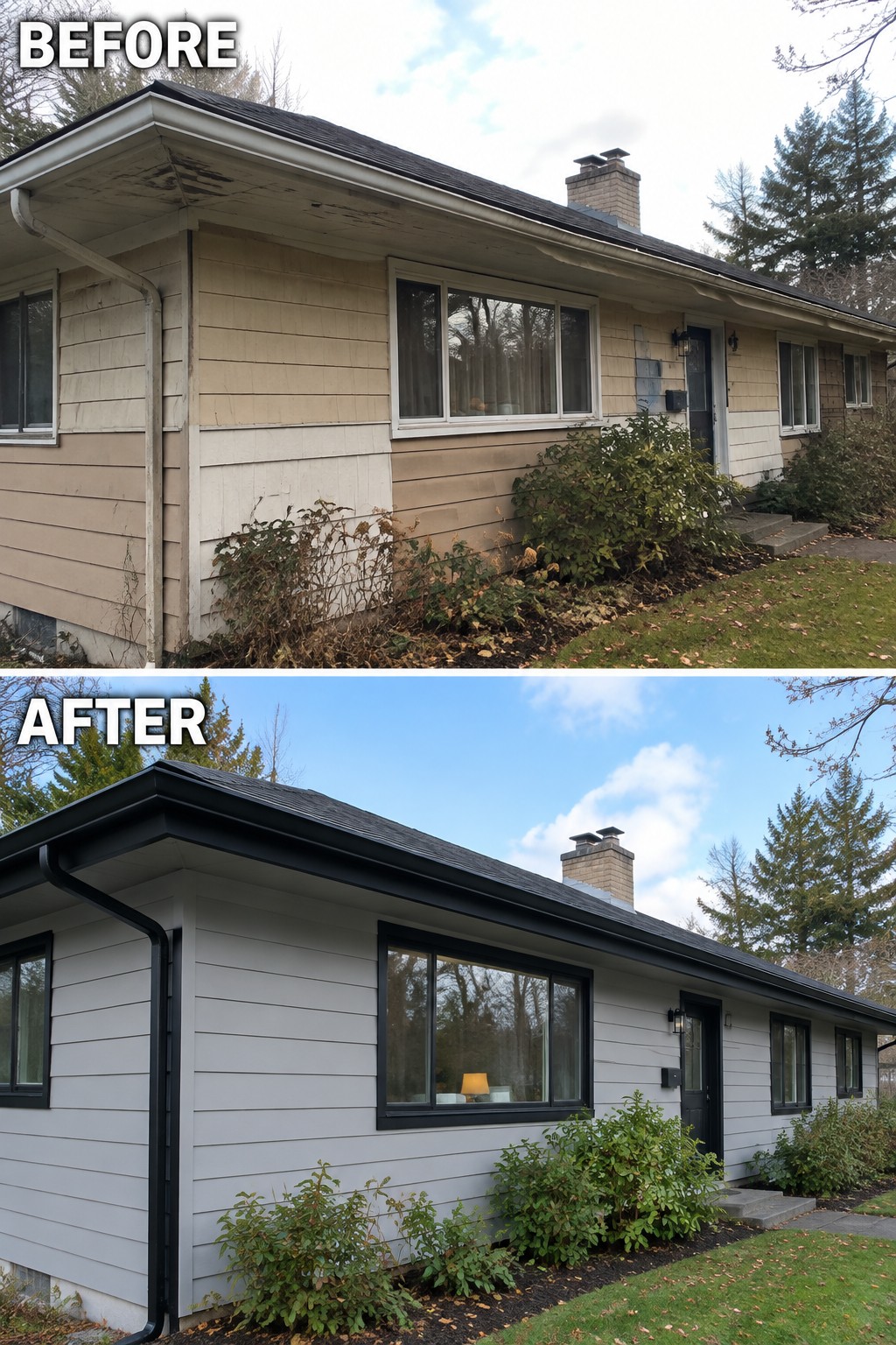 Before-and-after makeover image of a ranch house with worn beige siding updated to light gray siding and black trim.