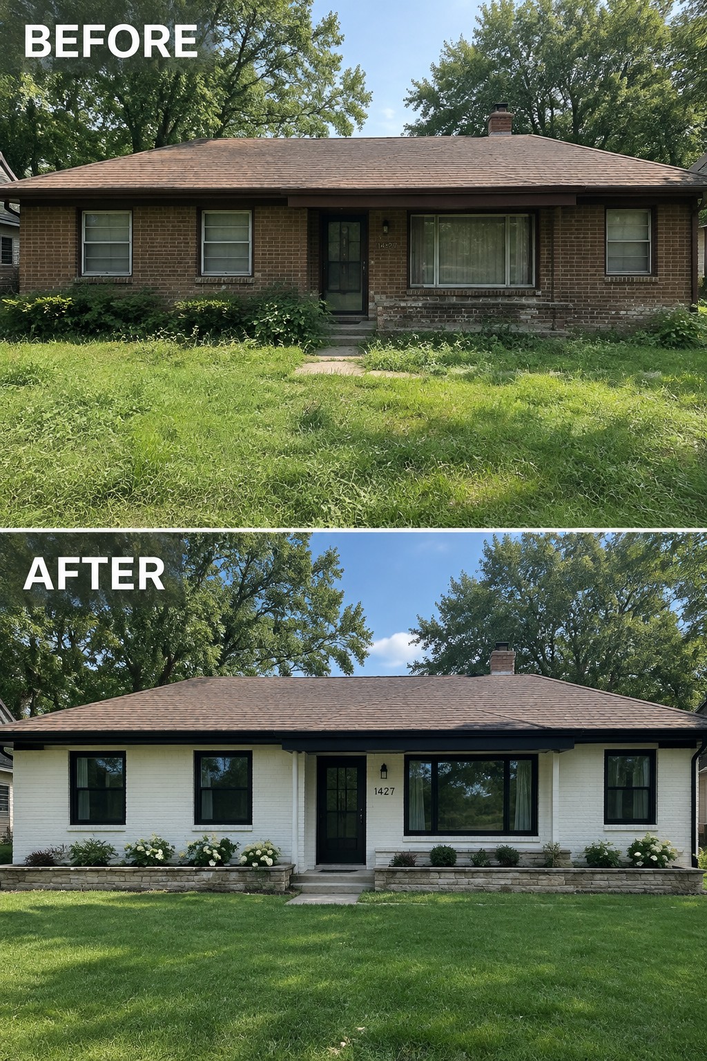 Before-and-after makeover image of a brick ranch house updated with white exterior paint, black trim, and a black front door.
