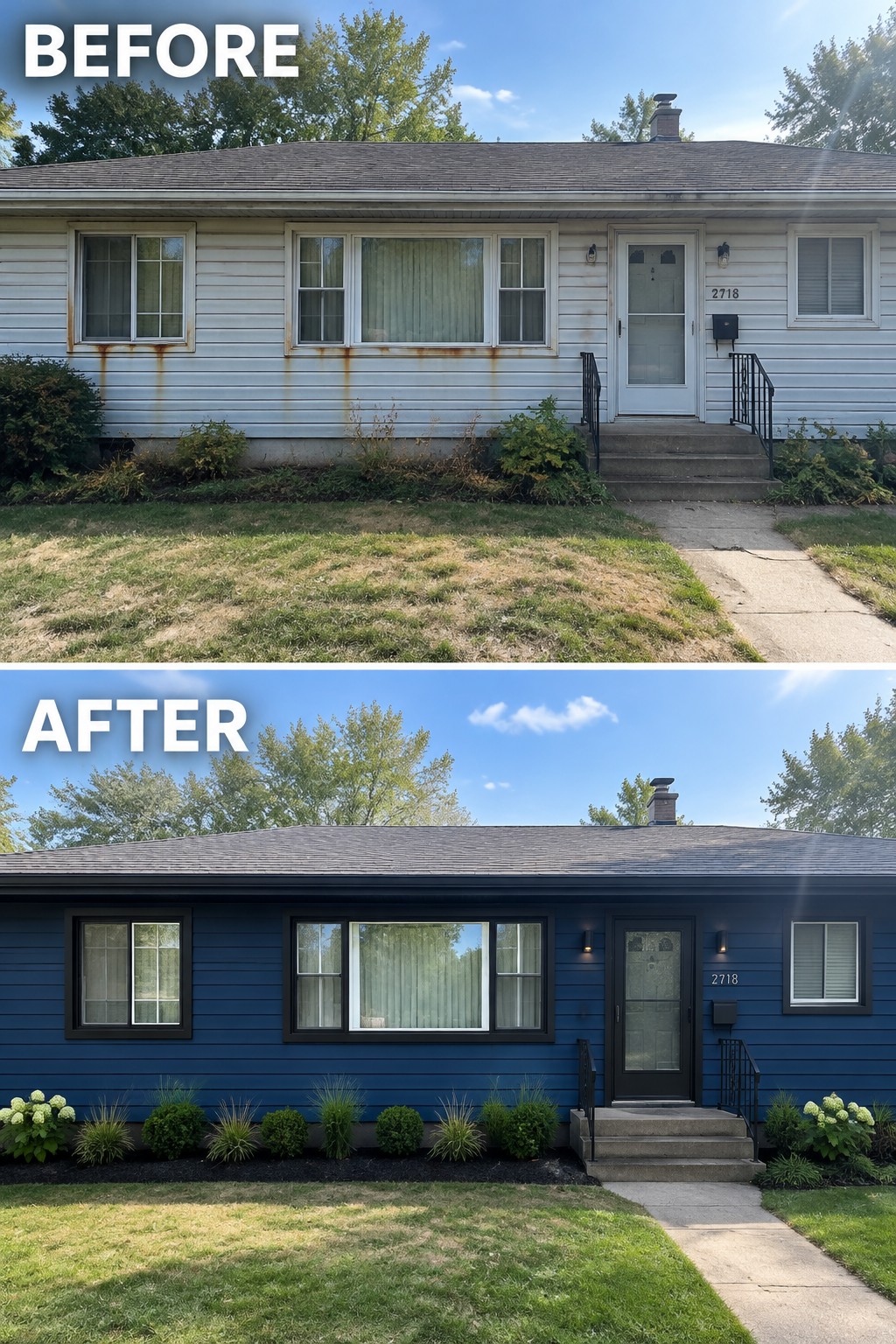 Before-and-after makeover image of a ranch house with faded white siding updated to dark blue siding and black window trim.