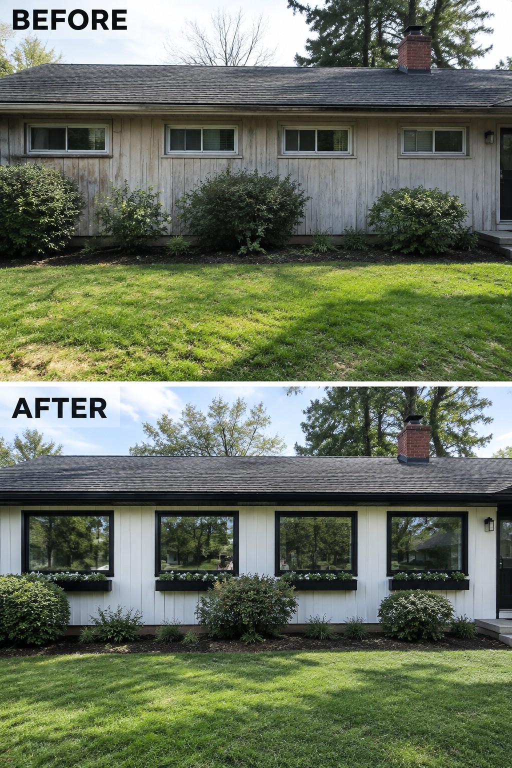Before-and-after makeover image of a ranch house with weathered siding and small windows updated with light siding and larger black-trimmed windows.