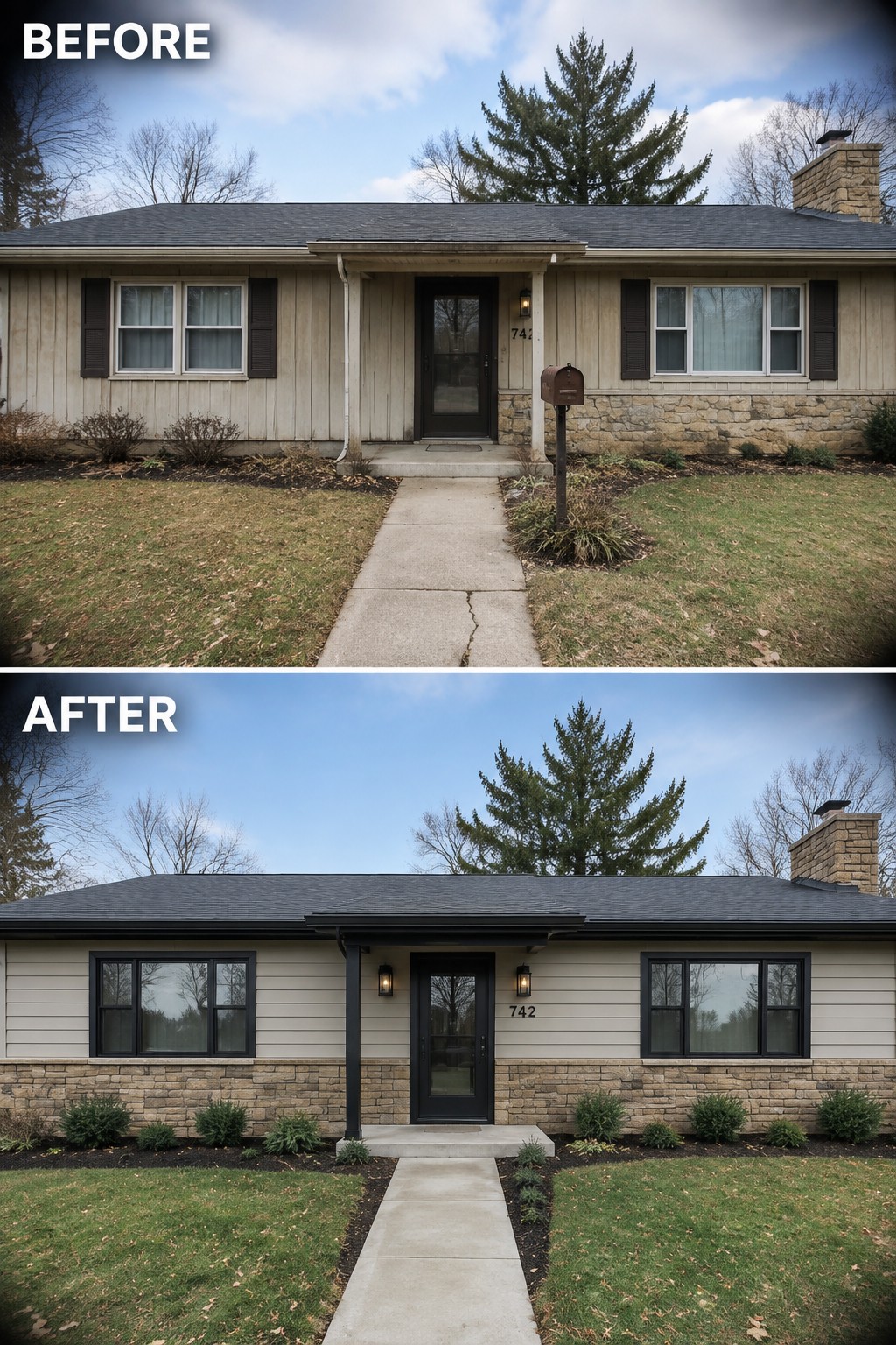 Before-and-after image of a ranch house updated with light horizontal siding, black window frames and entry trim, and existing stone veneer.