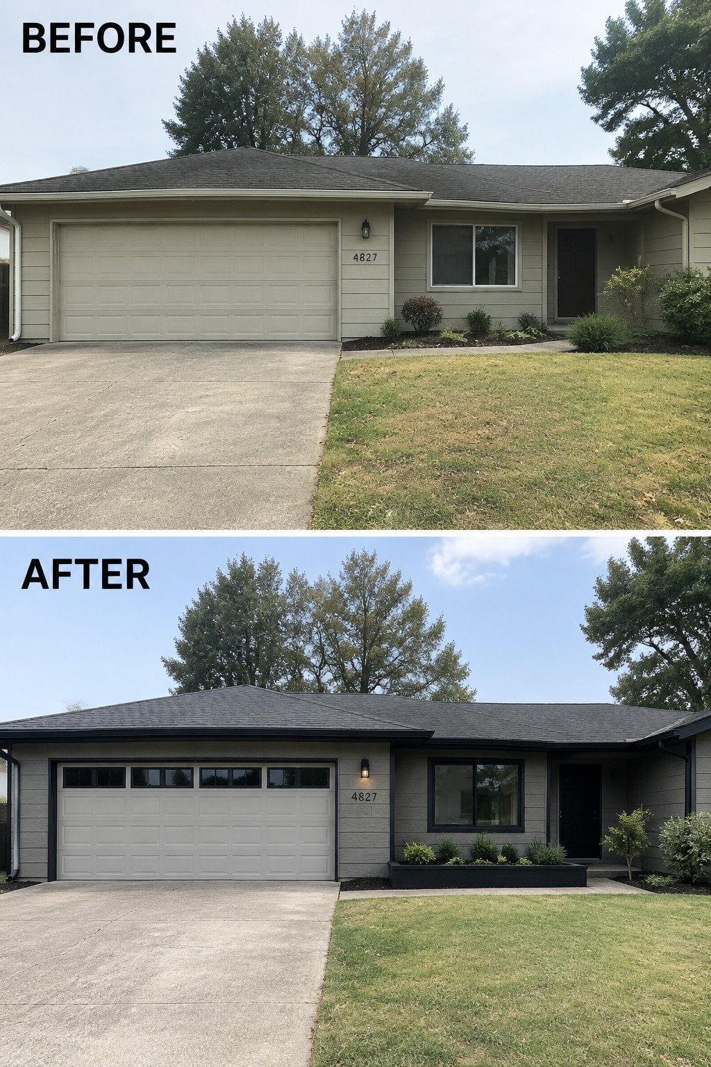 Before-and-after makeover image of a ranch house updated with darker siding, black trim, and a garage door with upper windows.