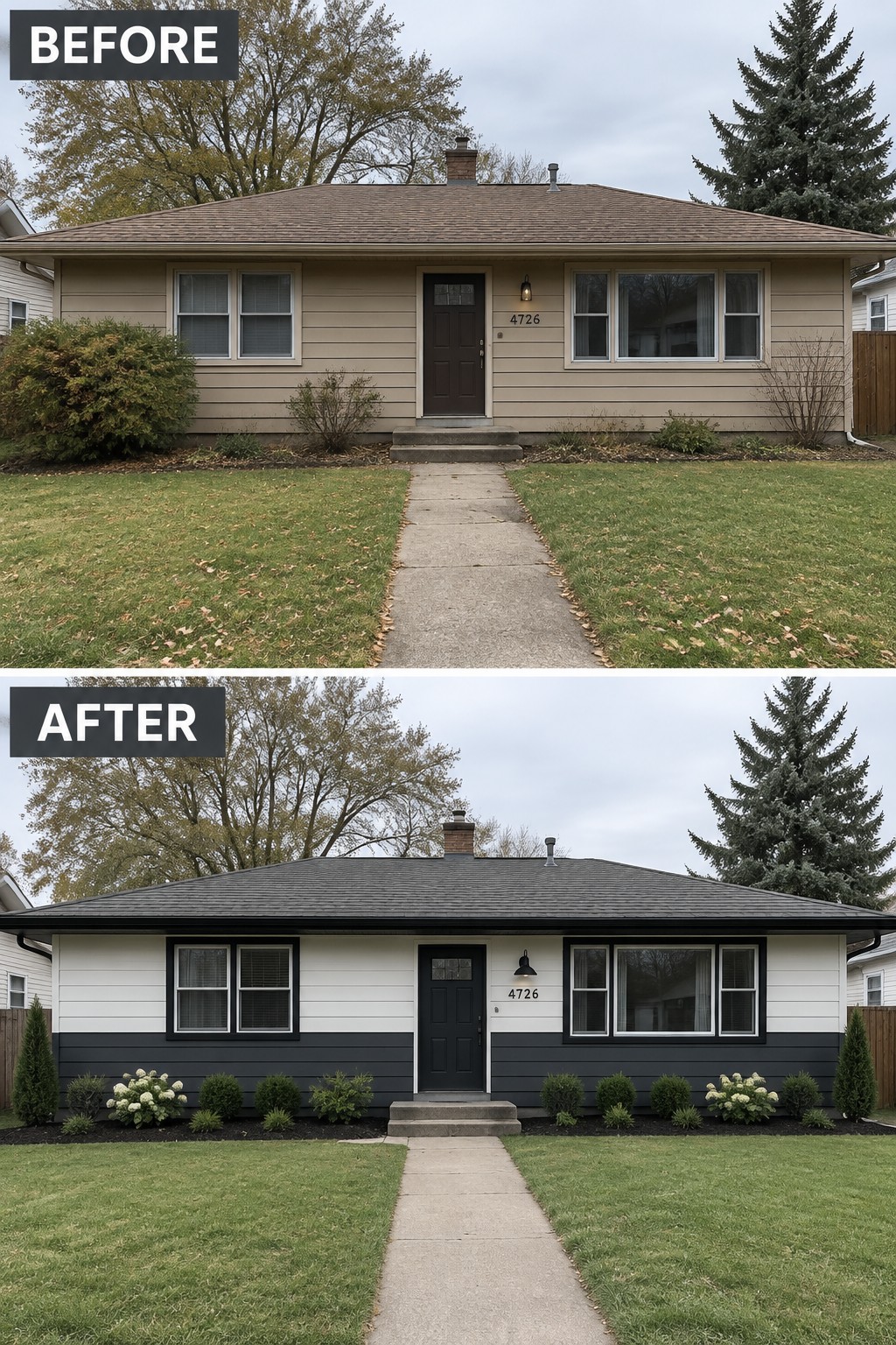 Before-and-after makeover image of a ranch house with beige siding changed to white upper siding, charcoal lower siding, and black trim.