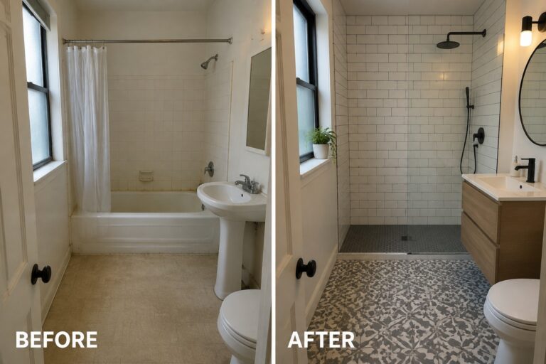Before-and-after bathroom makeover image showing a bathtub and shower curtain replaced with a tiled walk-in shower and clear glass panel.