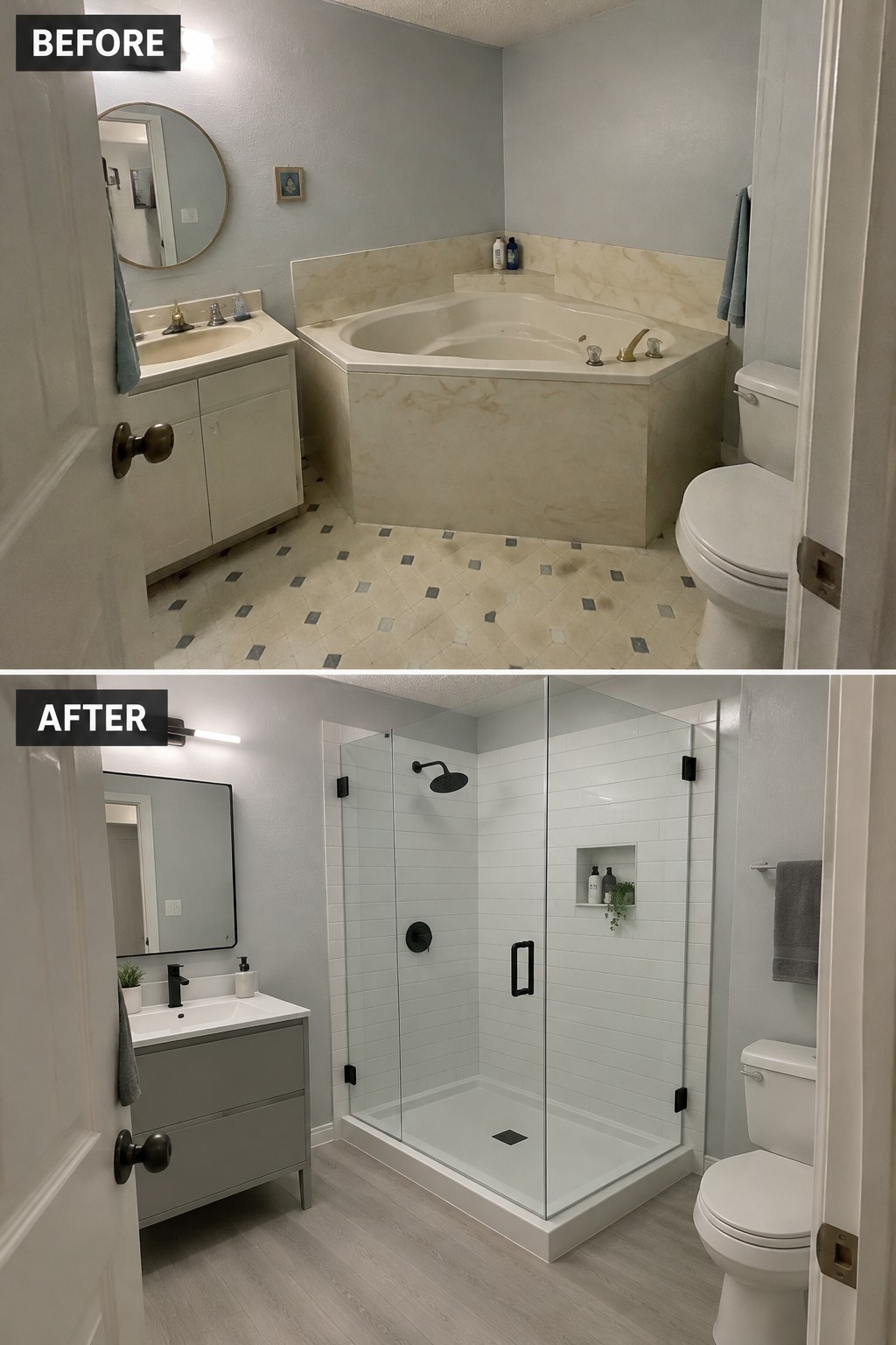 Before-and-after makeover image of a bathroom where a corner bathtub is replaced with a glass-enclosed walk-in shower.