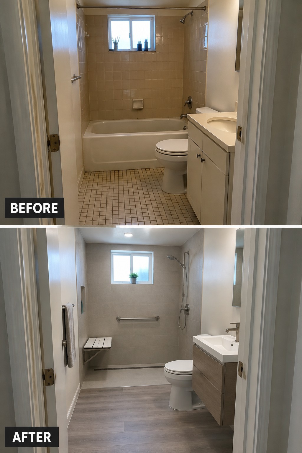 Before-and-after bathroom makeover image showing a bathtub replaced with a walk-in shower and updated flooring.