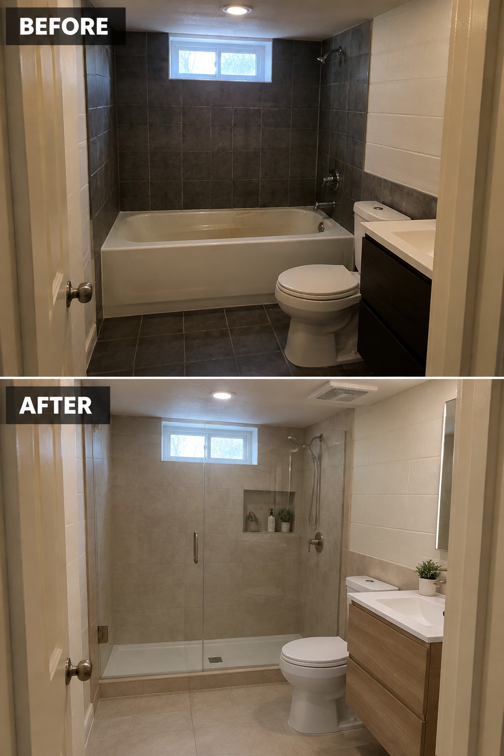 Before-and-after makeover image of a bathroom with a dark-tiled tub changed to a light-tiled walk-in shower with a glass enclosure.