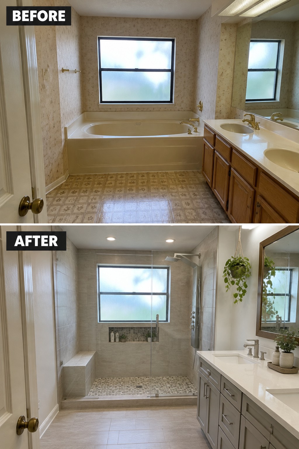 Before-and-after bathroom makeover image showing a bathtub replaced with a tiled walk-in shower and glass panel.