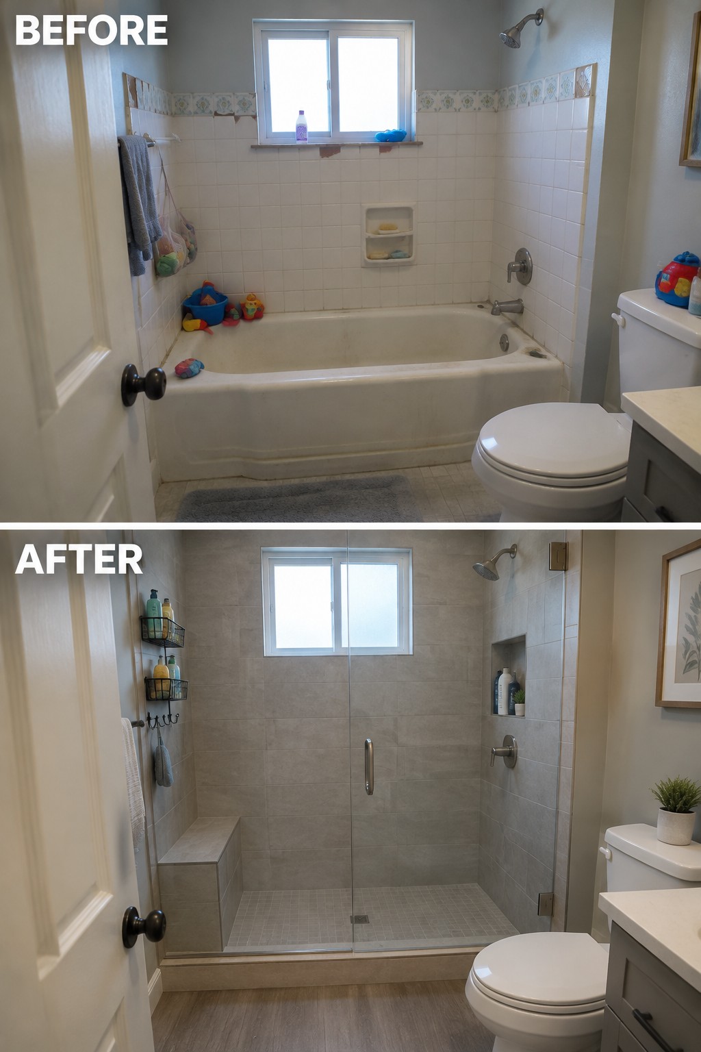 Before-and-after makeover image of a bathroom with an old bathtub replaced by a tiled walk-in shower with a glass enclosure.
