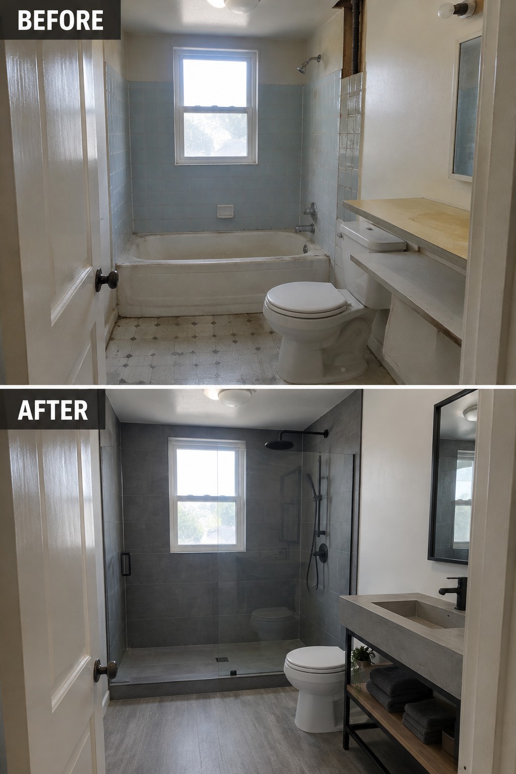 Before-and-after bathroom makeover image showing a bathtub replaced with a glass-enclosed walk-in shower and a new vanity.