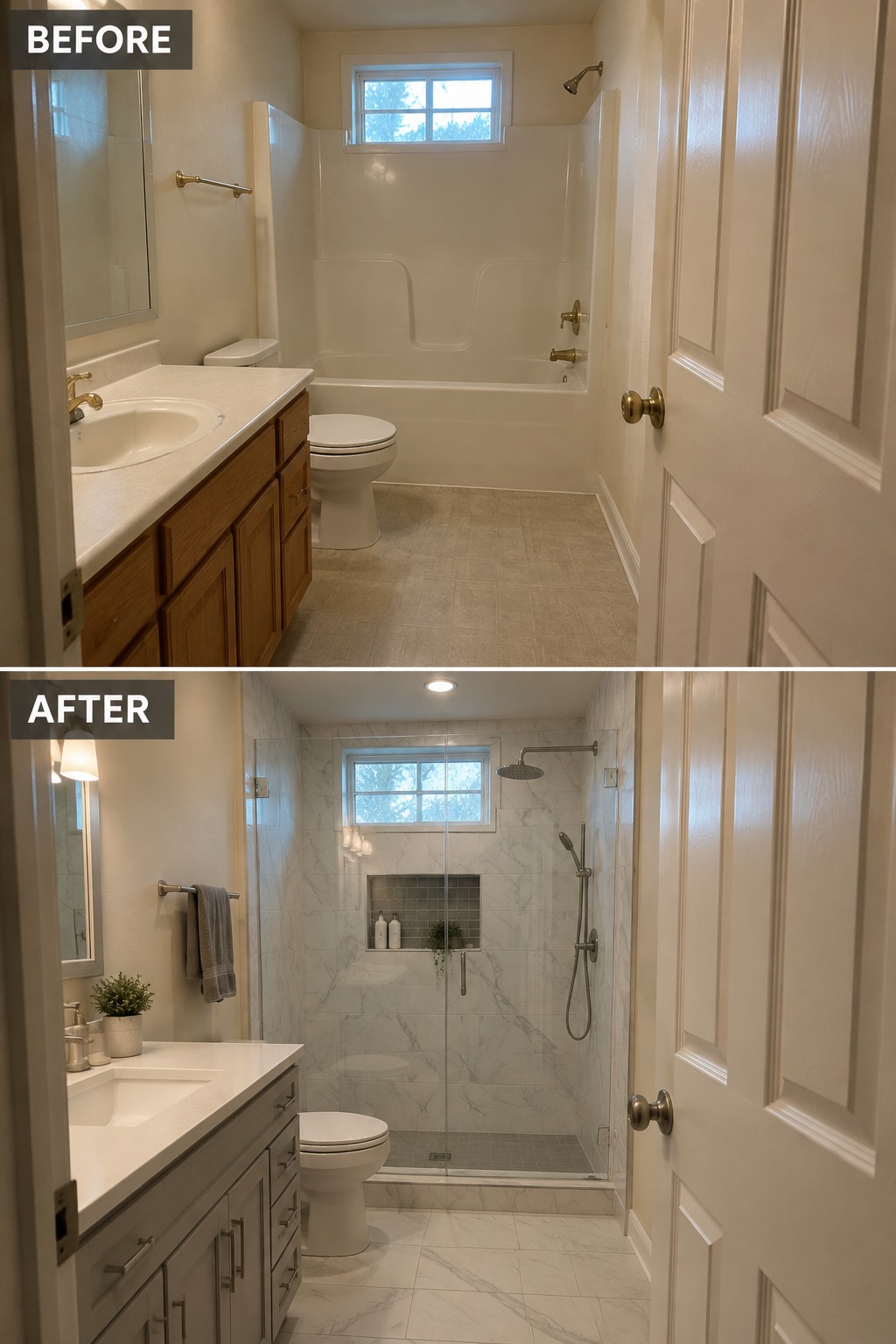 Before-and-after makeover image of a bathroom with a tub and surround changed to a glass-enclosed walk-in shower with marble-look tile.