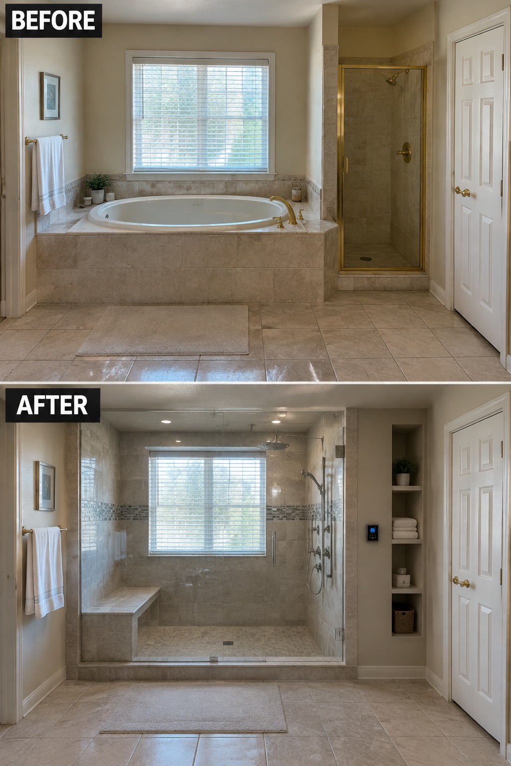 Before-and-after bathroom makeover image showing a built-in tub replaced by a large glass-enclosed walk-in shower with a bench.