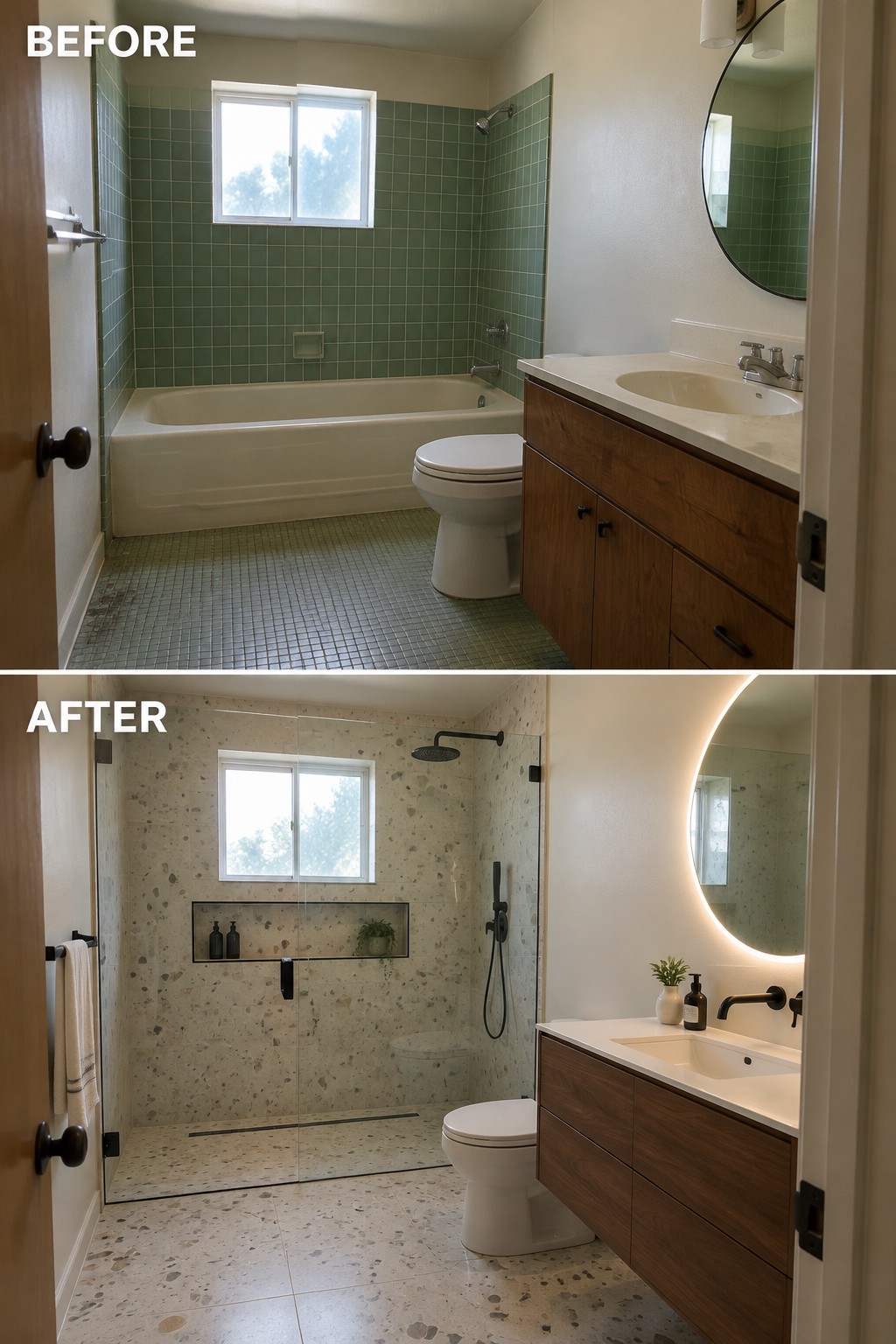 Before-and-after makeover image of a bathroom with a bathtub and green tile changed to a walk-in shower with stone-look tile and a glass panel.