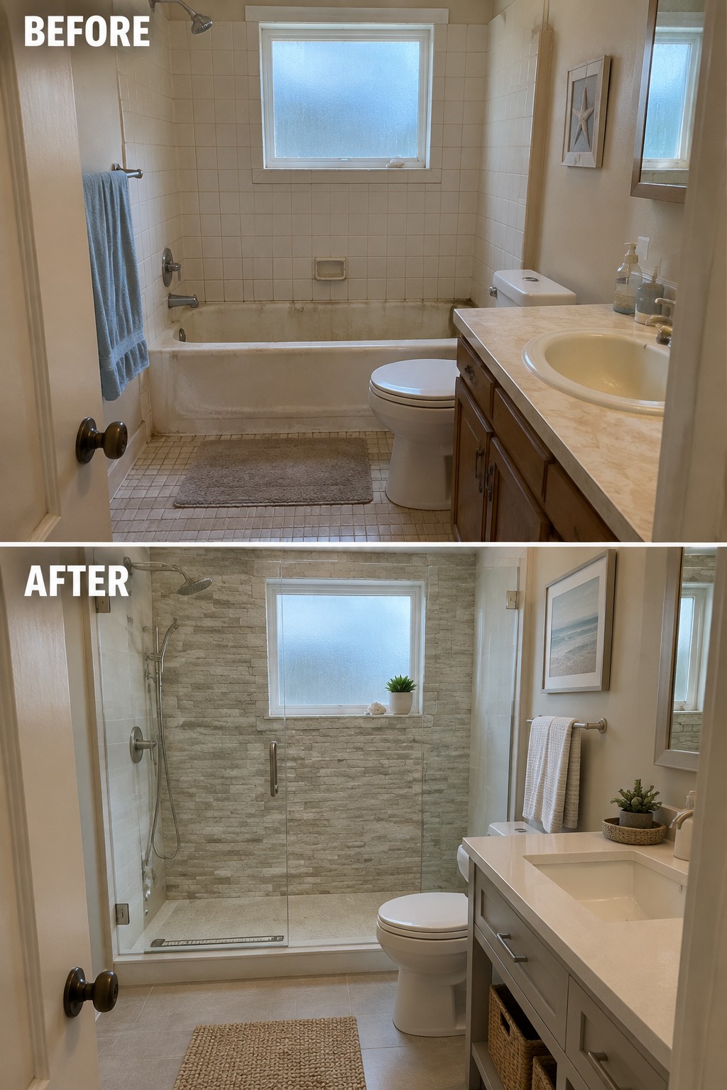 Before-and-after makeover image showing a bathroom tub alcove converted into a glass-enclosed walk-in shower.