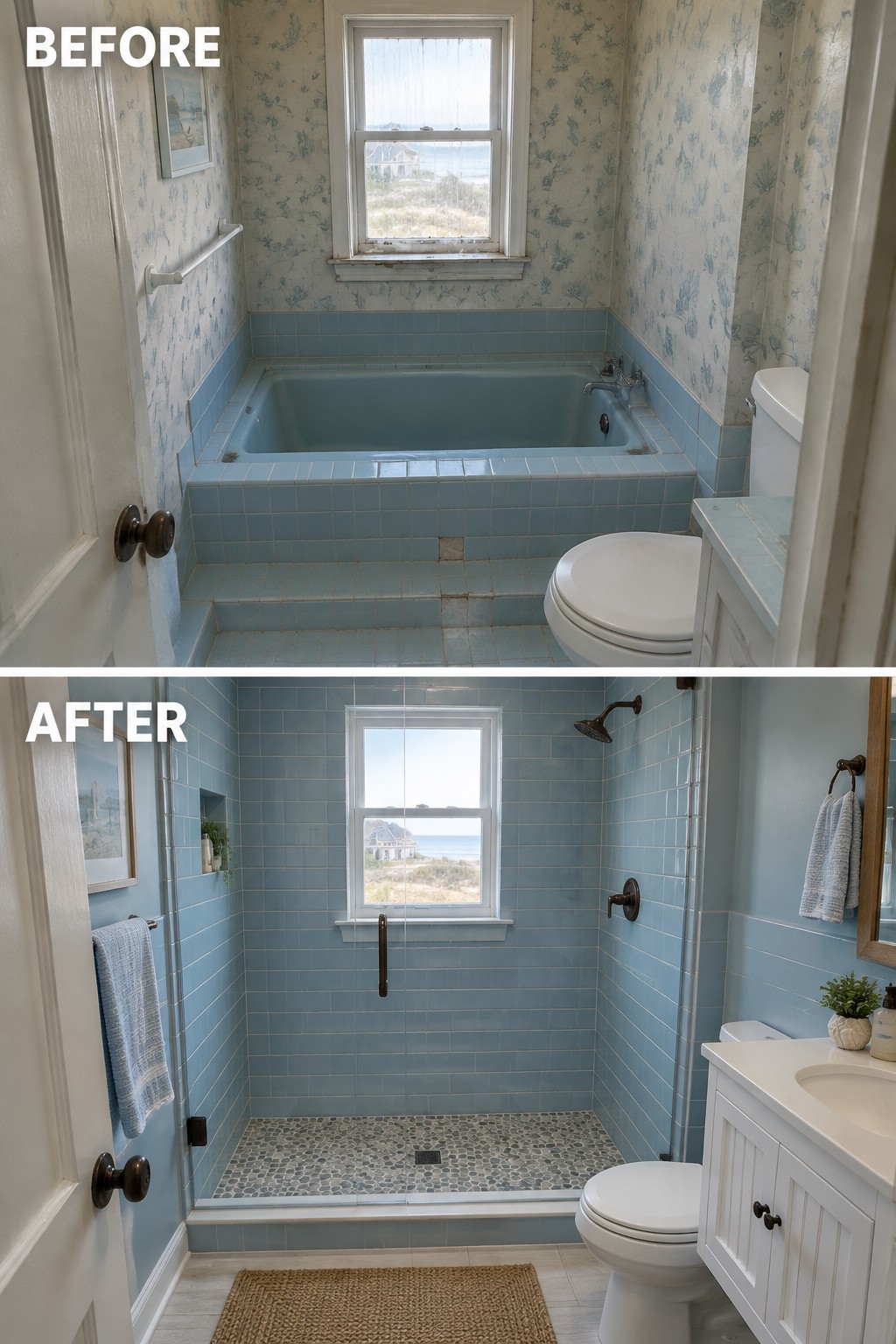 Before-and-after makeover image of a bathroom with a built-in tub replaced by a tiled walk-in shower.