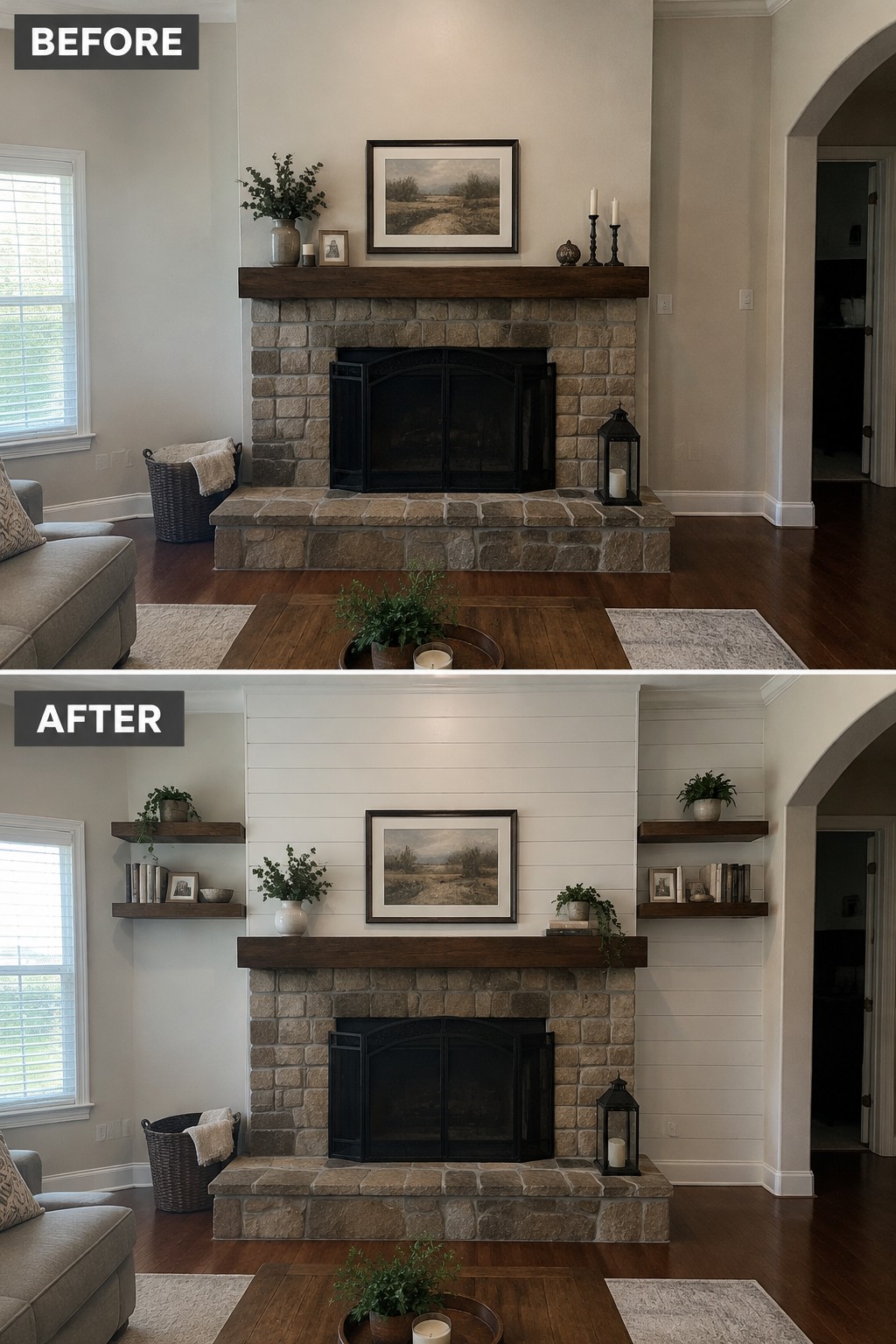 Before-and-after makeover image of a stone fireplace wall updated with white horizontal paneling above the mantel and floating shelves on either side.