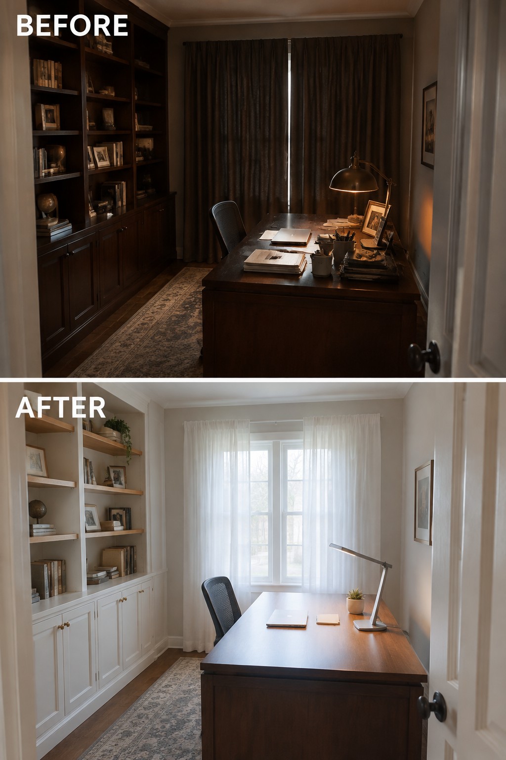 Before-and-after makeover image of a dark home office updated with light shelving and sheer curtains, while retaining a wood desk.