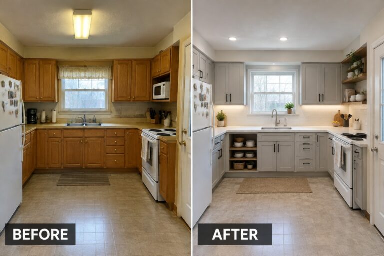 Before-and-after makeover image of a kitchen with dated wood cabinets updated with light gray painted cabinets.