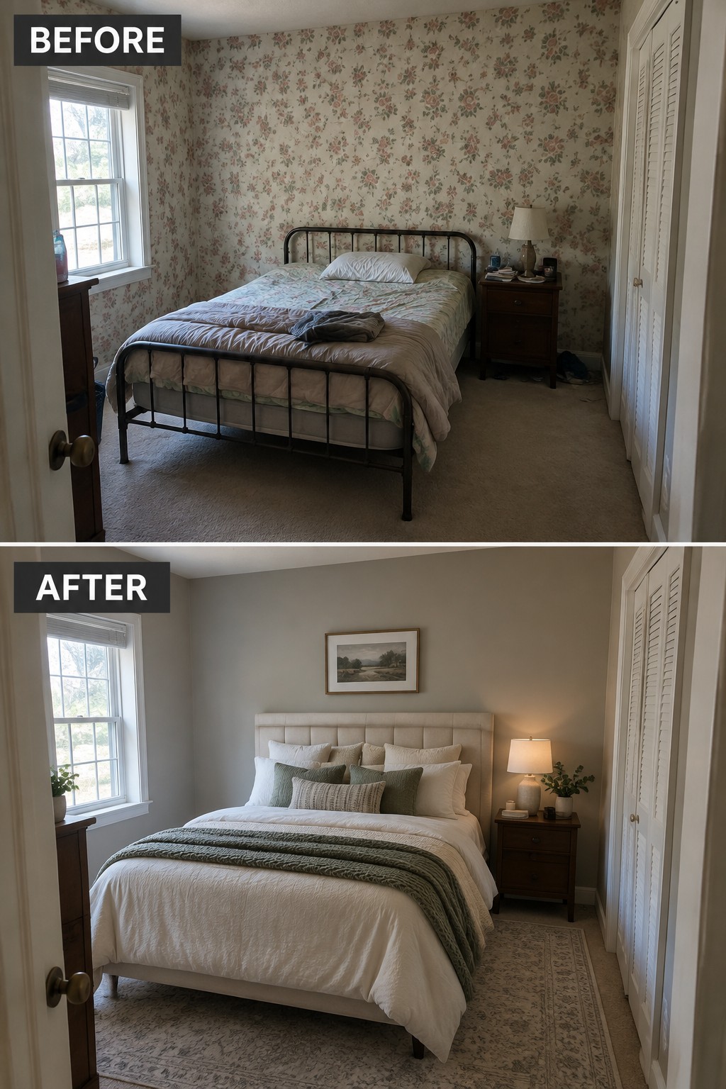 Before-and-after bedroom makeover image showing floral wallpaper and a metal bed replaced by neutral walls, an upholstered bed, layered white bedding, and a patterned rug.