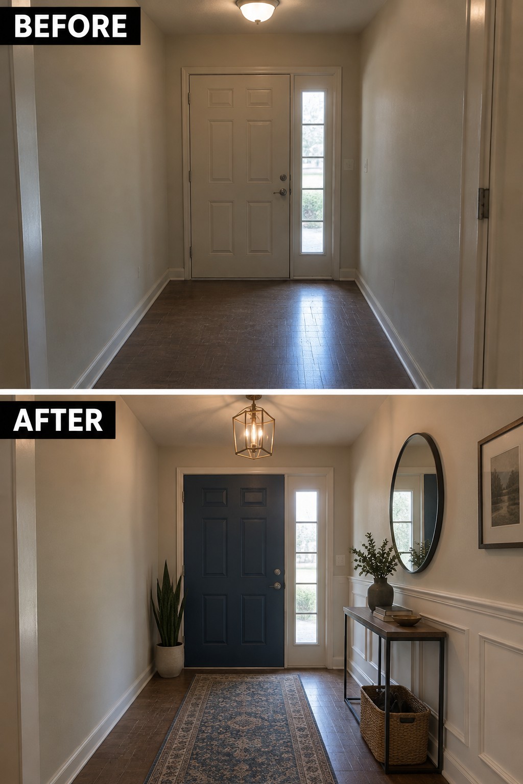 Before-and-after image of a plain entryway updated with a dark front door, runner rug, console table, mirror, and pendant light.