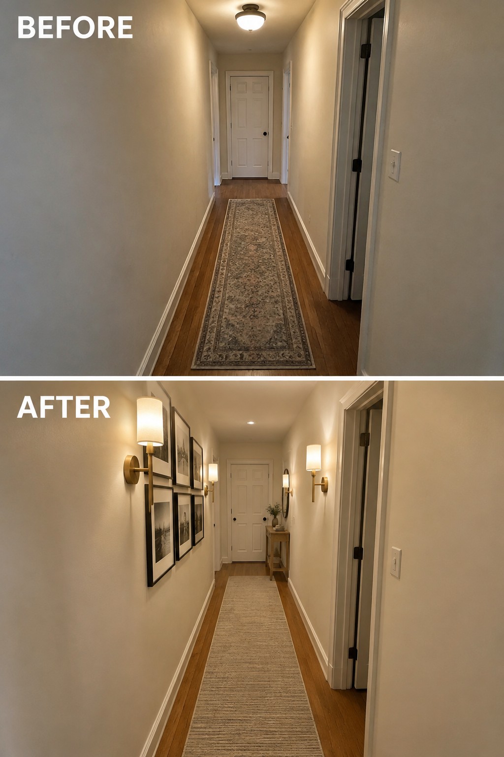 Before-and-after makeover image of a hallway updated with framed art, wall sconces, a light runner, and a small console table.