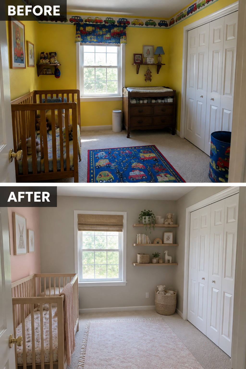 Before-and-after makeover image of a bright yellow nursery with vehicle-themed decor changed to a neutral room with a pale pink accent wall and softer furnishings.