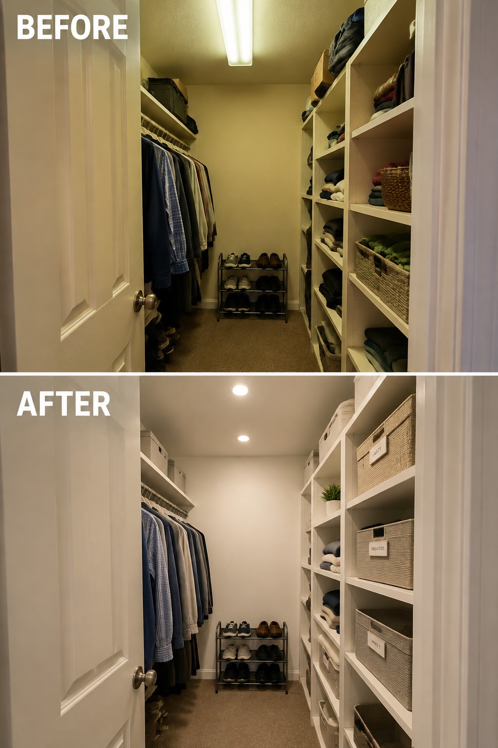 Before-and-after makeover image of a walk-in closet with open shelves reorganized using labeled storage baskets.