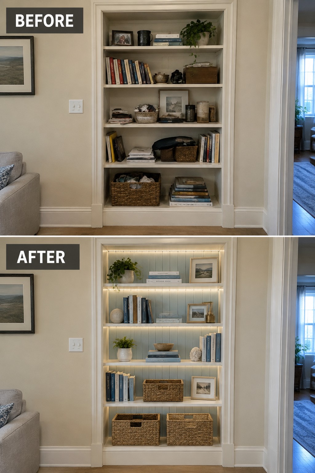 Before-and-after makeover image of a cluttered built-in bookcase reorganized with grouped books, baskets, decor, and shelf lighting.