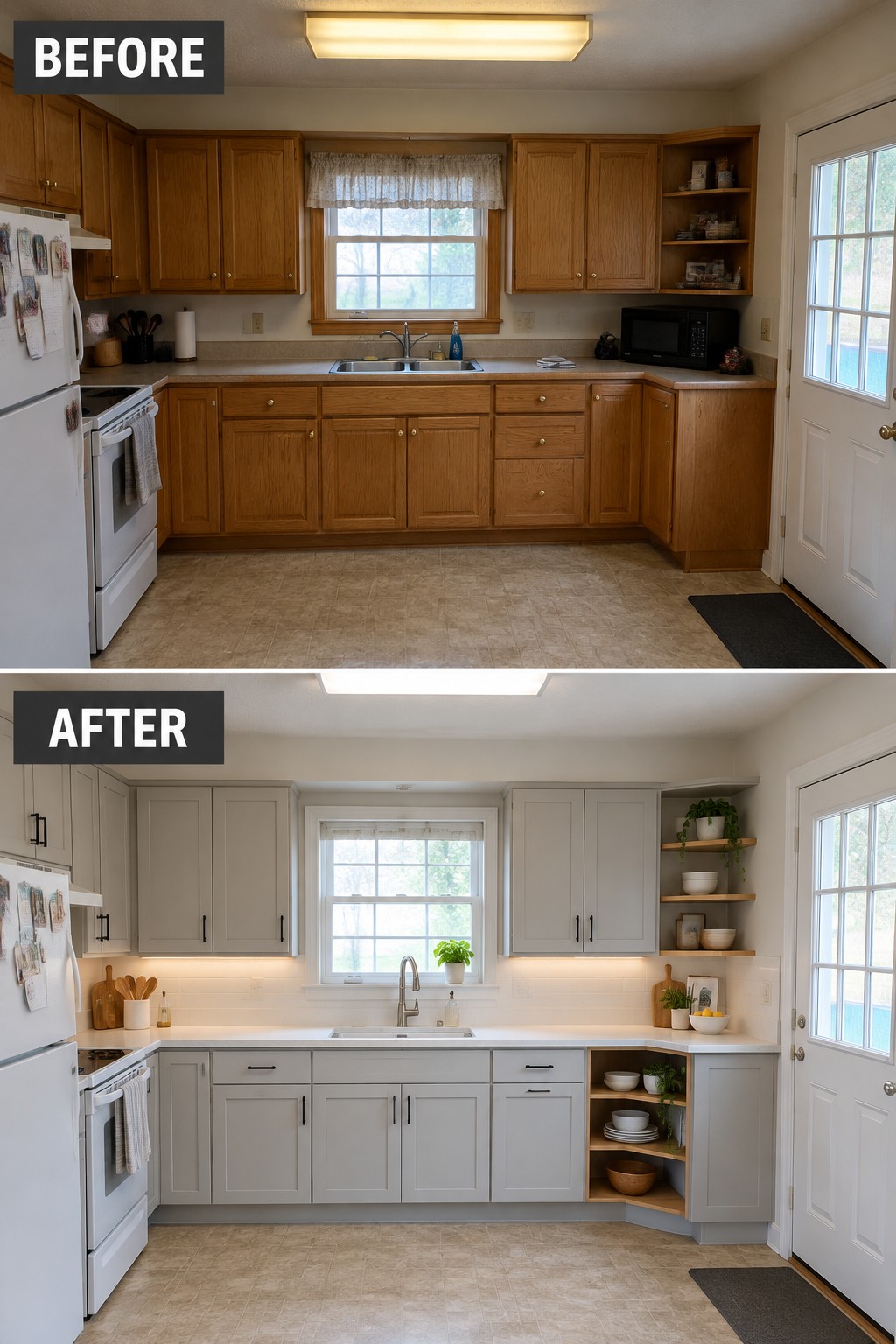 Before-and-after makeover image of a kitchen with dated wood cabinets updated with light gray painted cabinets.