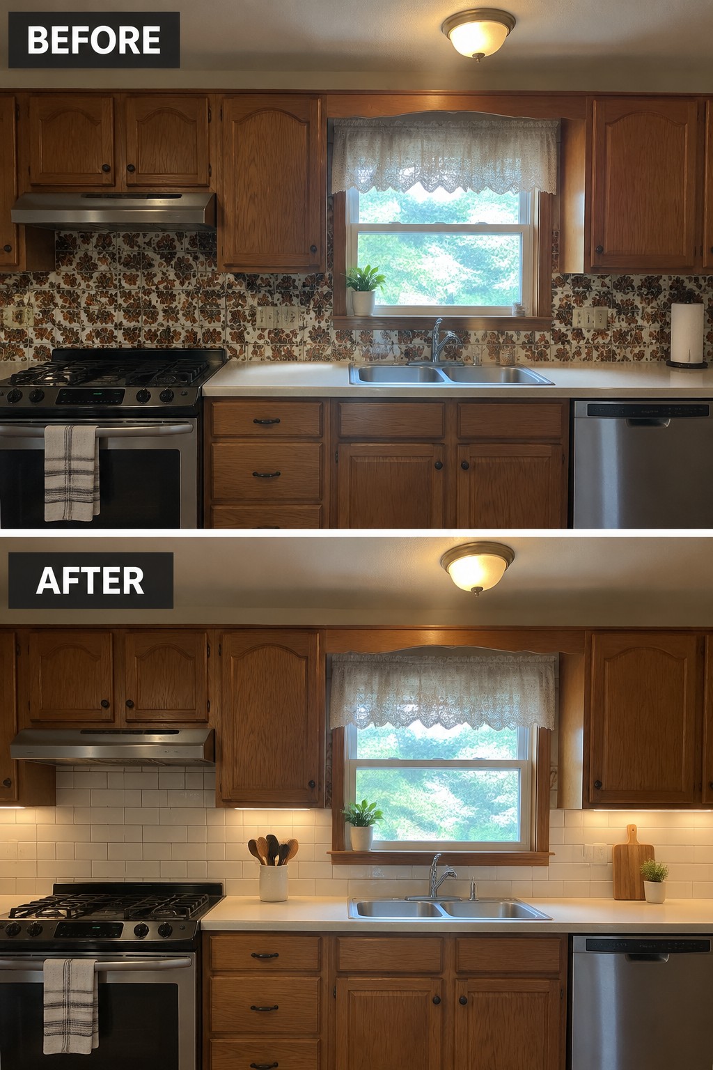 Before-and-after kitchen makeover image showing a patterned backsplash replaced with white subway tile.