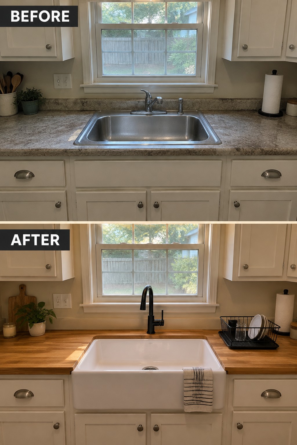 Before-and-after image of a kitchen updated with butcher-block countertops, a white farmhouse sink, and a black faucet.