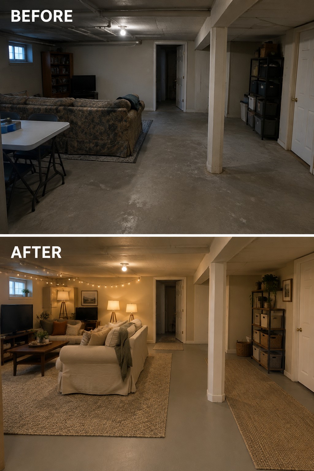 Before-and-after makeover image of a bare basement with concrete flooring changed into a furnished living room with a rug, sofa, lamps, and shelving.