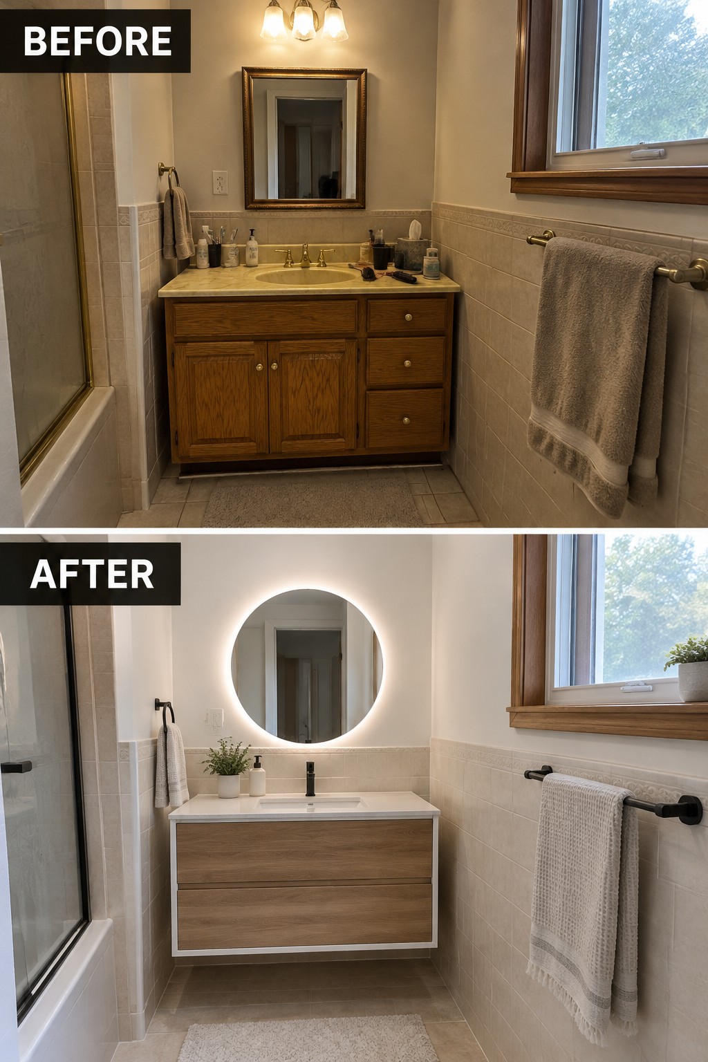 Before-and-after makeover image of a bathroom updated with a floating wood vanity, white countertop, and round illuminated mirror.