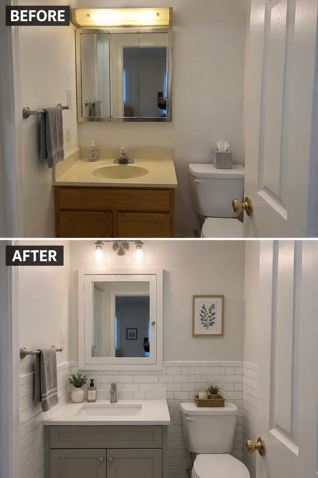 Before-and-after makeover image of a dated bathroom updated with white wall tile, a new vanity, mirror, and lighting.