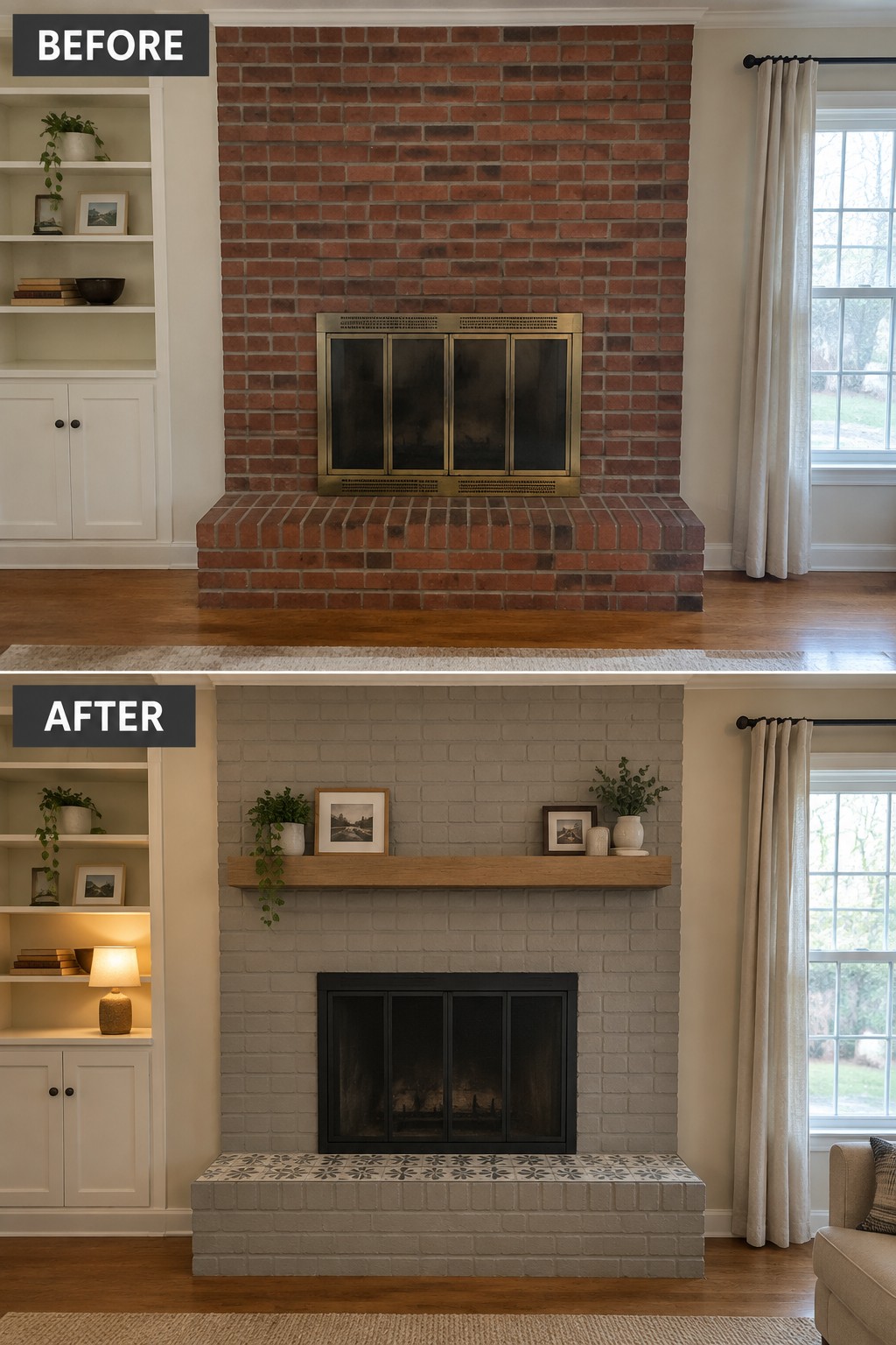 Before-and-after makeover image of a red brick fireplace updated with painted brick, a wood mantel, and a dark fireplace insert.