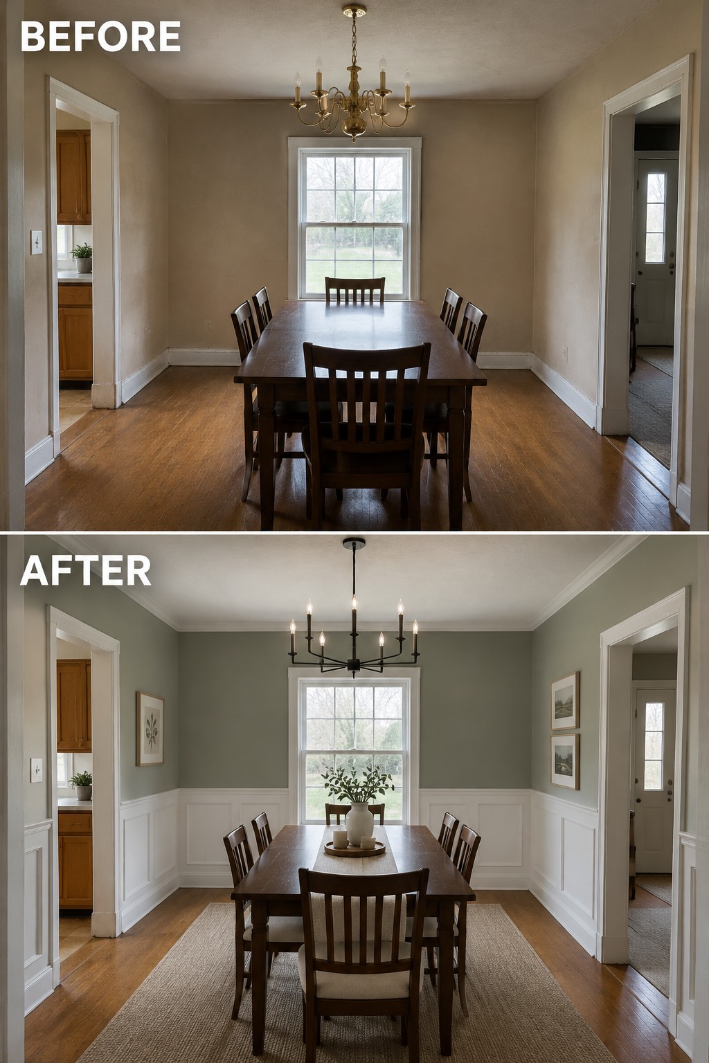 Before-and-after makeover image of a dining room updated with green walls, white wainscoting, a rug, and a new chandelier.